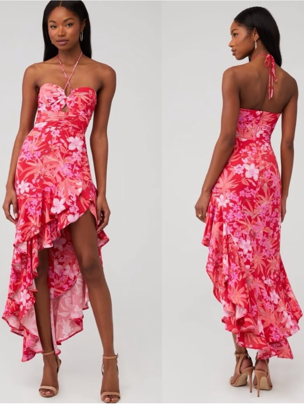 Amanda Uprichard Estrada Halterneck Floral High Low Ruffle Red Maxi Dress Sz M